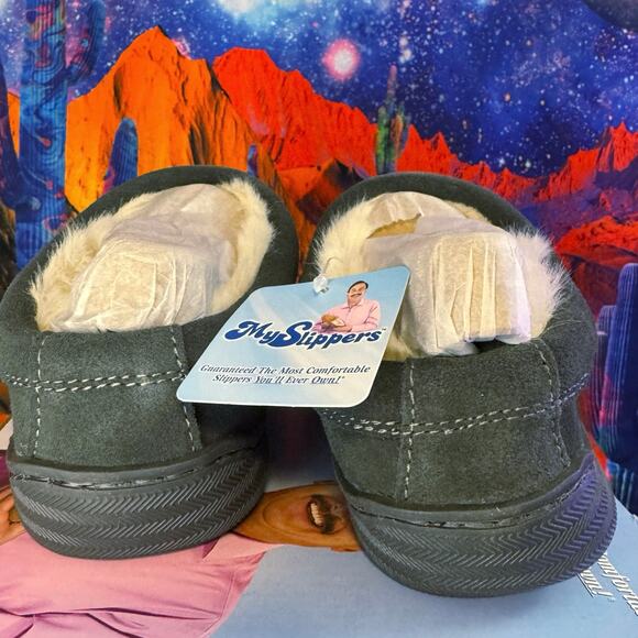 •NEW• Men's MySlippers Size 9 - Charcoal Genuine Leather & Memory Foam Comfort - Picture 4 of 11